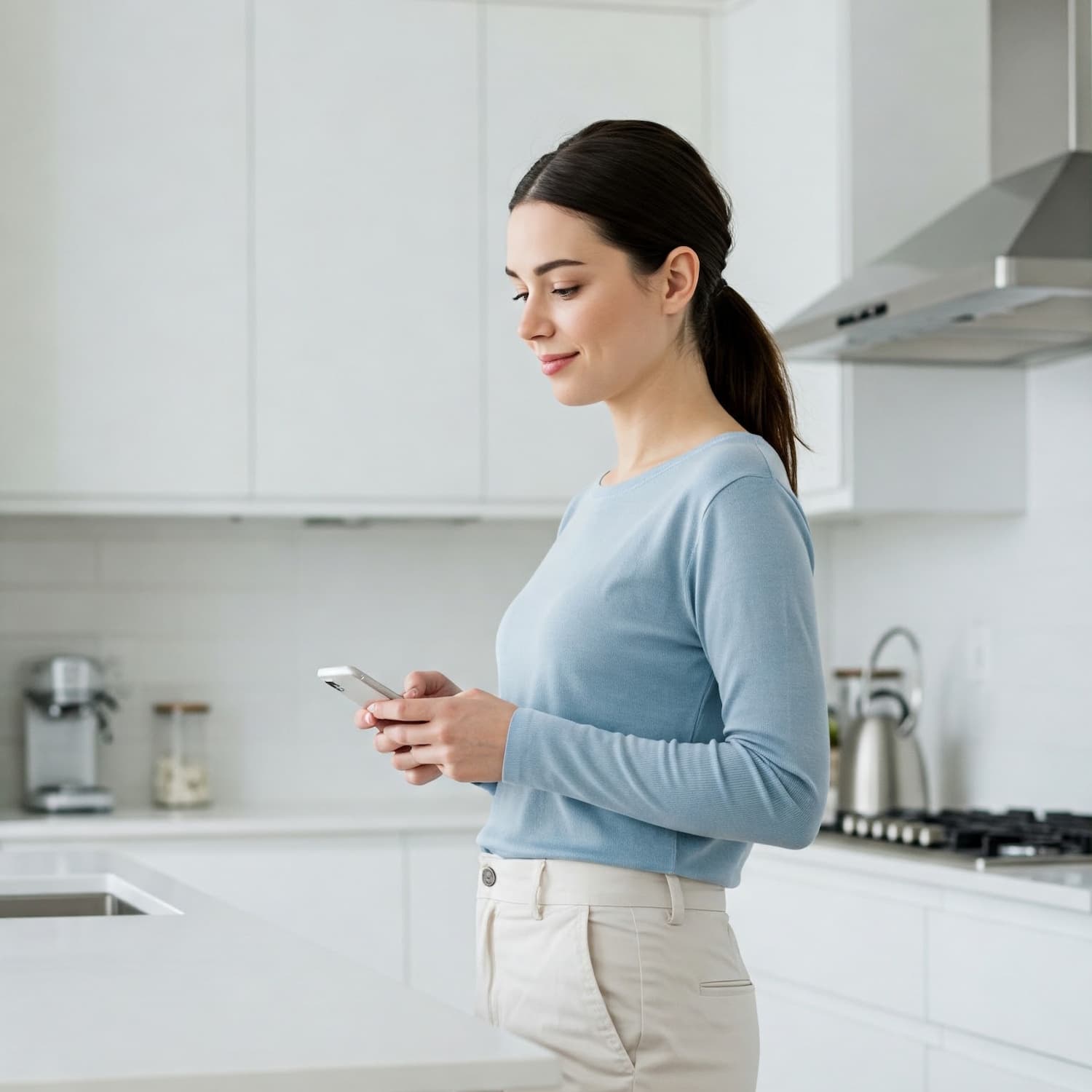 Woman using smartphone in modern kitchen